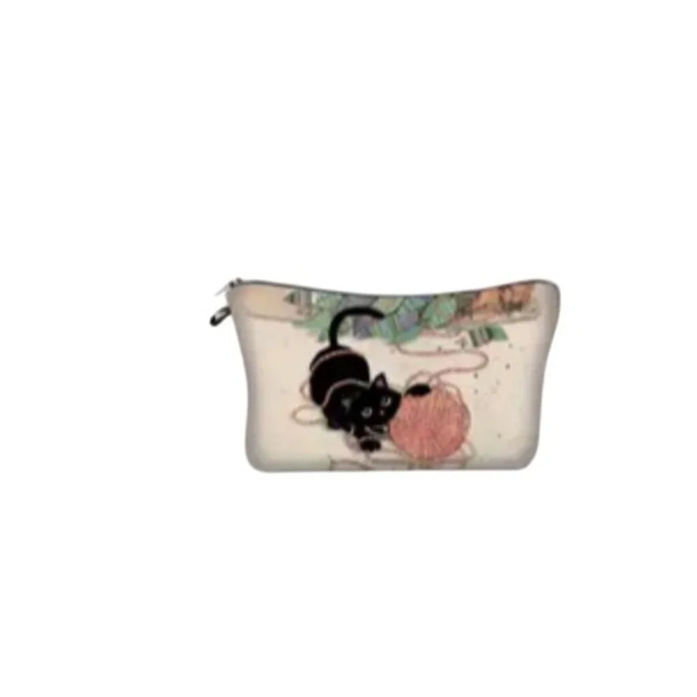 Black Cat Kitten Playing with‎ Yarn Novelty Cosmetic Bag Small Zipper Pouch